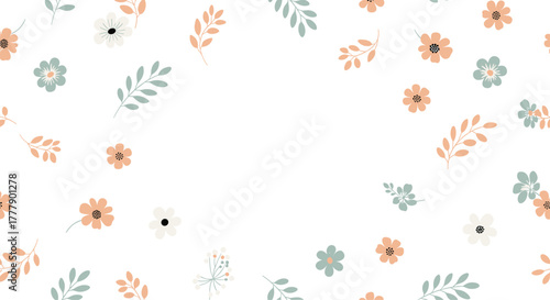 A gentle scattering of delicate, pastel flowers and leaves on a white background.