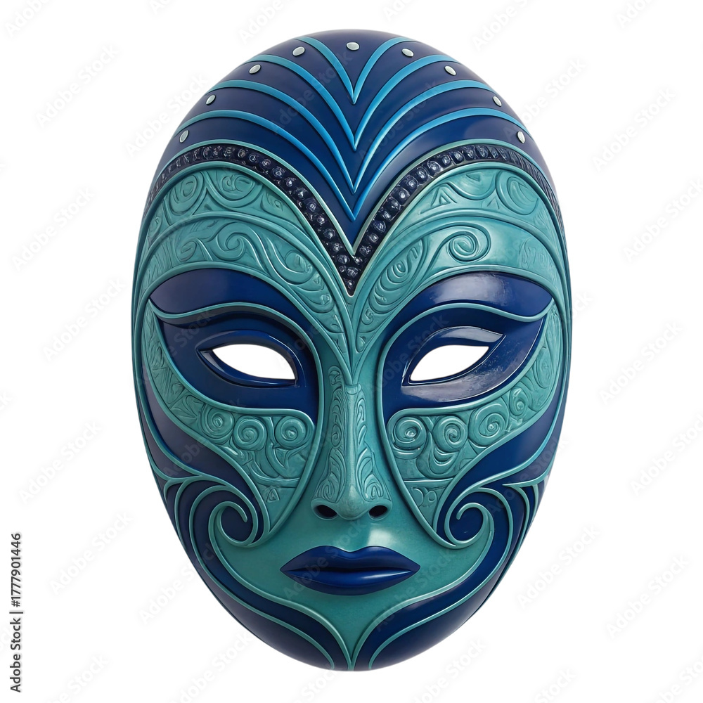 Naklejka premium Ornate Blue and Teal Tribal Mask with Intricate Swirl Patterns