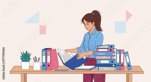 Businesswoman Organizes Documents Efficiently At Her Desk in Contemporary Office Setting