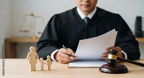 Judge presiding over family law case reviewing documents in courtroom
