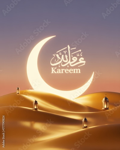 Glowing crescent moon and Arabic calligraphy over golden desert dunes with lanterns ramadan kareem