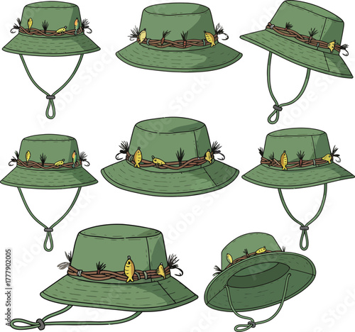 Green Fisherman Bucket Hat Vector Set – Fishing Hat with Lures, Hooks, and Outdoor Camping Accessory Illustration
