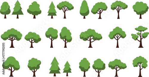 Stylized tree illustrations, cartoon forest elements, green foliage icons, nature clipart, coniferous and deciduous trees, educational, decorative, vector art
