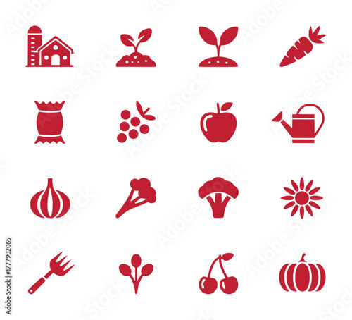 Red Icons of Farm Produce, Plants, and Garden Tools
