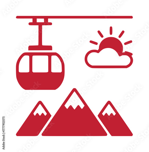Red Ski Lift, Mountains, Sun, and Cloud Icon Set