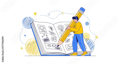 Conceptualizing Ideas: A Young Man Illustrates Visions in a Notebook with a Pencil