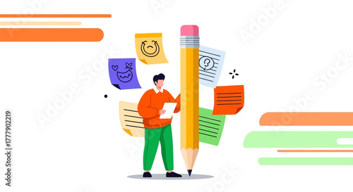 Conceptualizing Ideas With Pencil, Sticky Notes And Creative Problem Solving Illustration