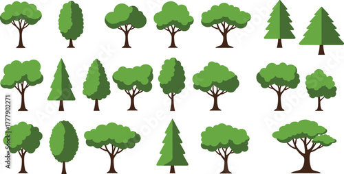 Stylized tree illustrations, green foliage, nature icons, forest elements, cartoon trees, seasonal design, landscape graphics, educational, decorative, vector art