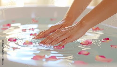 Close-up of a woman's hands gently touching the surface of warm bath water, adorned with delicate pink rose petals, evoking a serene and relaxing spa experience at home
