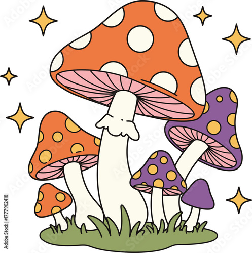 Whimsical psychedelic mushroom cluster with sparkling stars