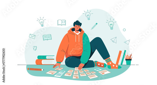 Creative Process Depicted: A Person Brainstorming Ideas Using Cards Surrounded By Study Items