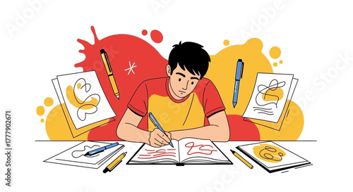 Creative Process Illustration: Young Man Writing and Sketching on Paper Artwork