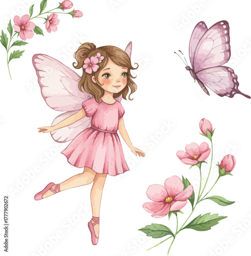 Whimsical watercolor fairy with pink butterfly and delicate floral accents