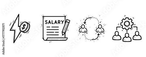Energy costs, salary calculation, team collaboration, workflow management icons set