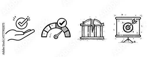 Hand-drawn icons: approval, speedometer, warehouse, target