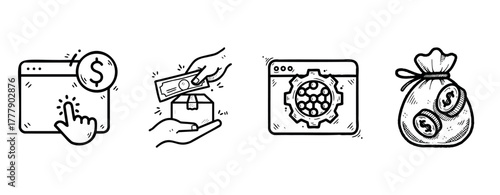 Finance icons: online payment, cash withdrawal, cryptocurrency platform, money bag