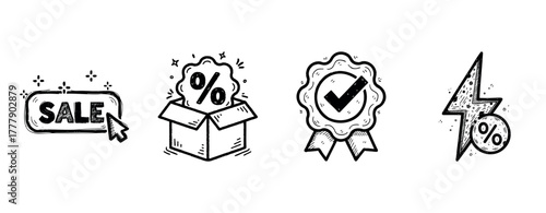 Hand-drawn sale icons: discount, badge, and lightning bolt designs