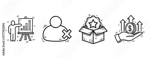 Business icons: presentation, user removal, reward box, financial growth
