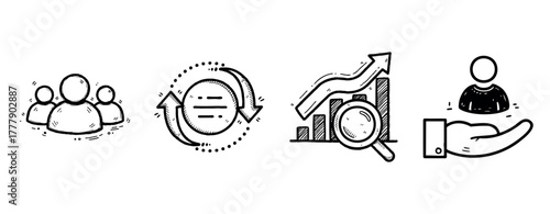 Hand-drawn business icons representing teamwork, process, growth, and support