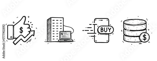 Black and white icon set: thumbs up, bitcoin laptop, mobile buy, coin stack