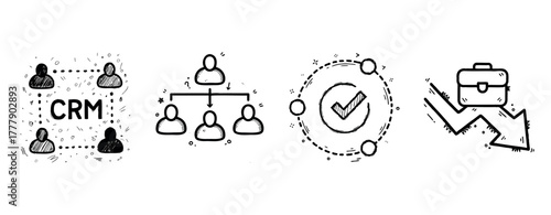 Hand-drawn business icons set: crm, team hierarchy, approval, growth