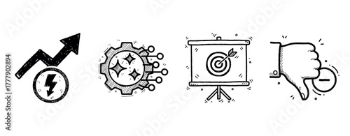Hand-drawn growth arrow and icons: economy, technology, strategy, critique symbols