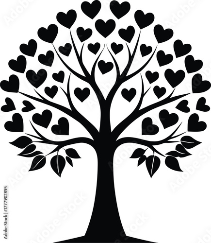 Black silhouette of a tree with heart-shaped leaves and branches