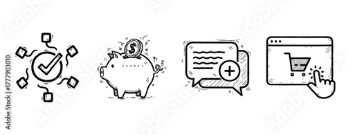 Hand-drawn icons of checklist, piggy bank, chat, and online shopping cart