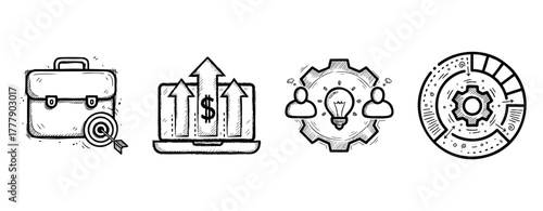Sketchy business and finance icons: briefcase, laptop, gear, target