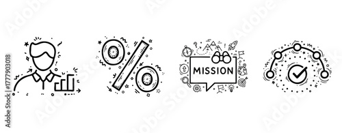 Business strategy icons: graph, percentage, mission, progress