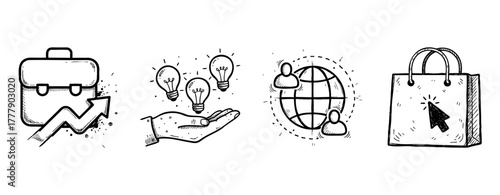 Business growth and innovation icons: briefcase, ideas, global network, shopping bag