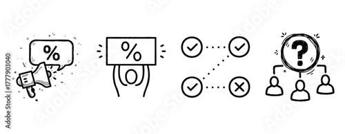 Black and white business icons: megaphone, percentage, checklist, decision making