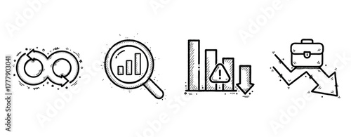 Hand-drawn business icons: infinity, growth, risk, and decline in black and white