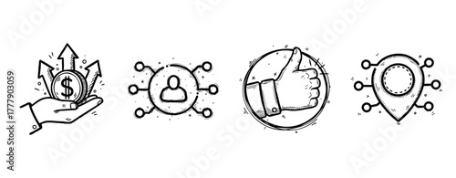 Hand gesture icons: financial growth, networking, approval, location