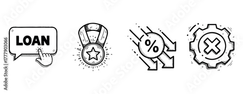 Hand-drawn loan and finance icons: loan, medal, interest rate, cancel symbol