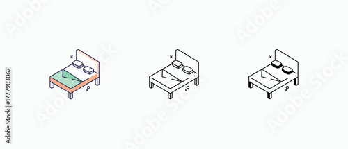 Double Bed icon multiple styles, including flat, line, glyph, and colored variations. Vector stock illustration