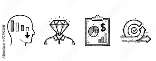 Business strategy and analytics icons: head, diamond, clipboard, target
