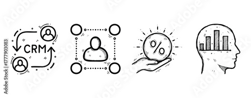 Hand-drawn business icons: crm, user, percentage, analytics