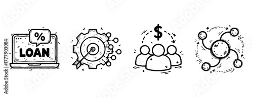 Financial icons: loan application, target setting, financial growth, network connections in black and white