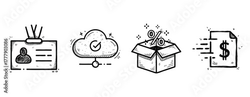 Business doodle icons: id badge, cloud storage, discount box, financial document