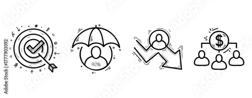 Business strategy icons: target, protection, downtrend, financial management