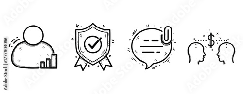 Black and white business icons: graph, shield, chat, negotiation