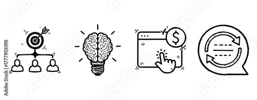 Business strategy icons: target, brainstorm, e-commerce, communication