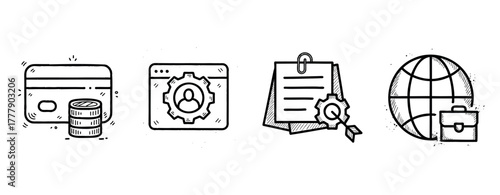 Simple banking, profile, documents, and global business icons in black and white