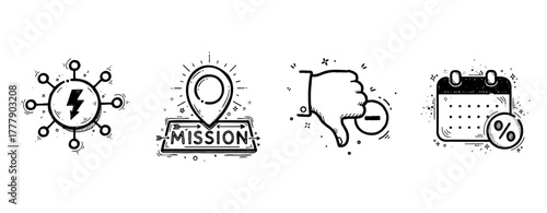 Set of four business icons: energy, mission, dislike, and discount symbols in black and white