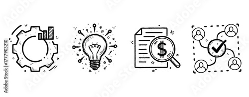 Business strategy icons: gear, lightbulb, document, network