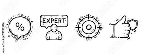 Discount icon set with expert target and approval symbols in black and white