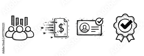 Hand-drawn icons: demographics, financial growth, id verification, quality assurance badge