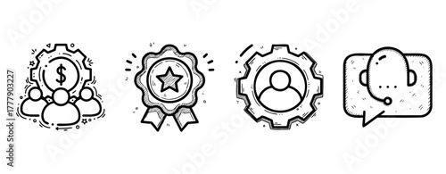 Set of black and white icons: teamwork, award, profile, customer support