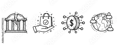 Sketch icons of banking, shopping, cryptocurrency, and global communication
